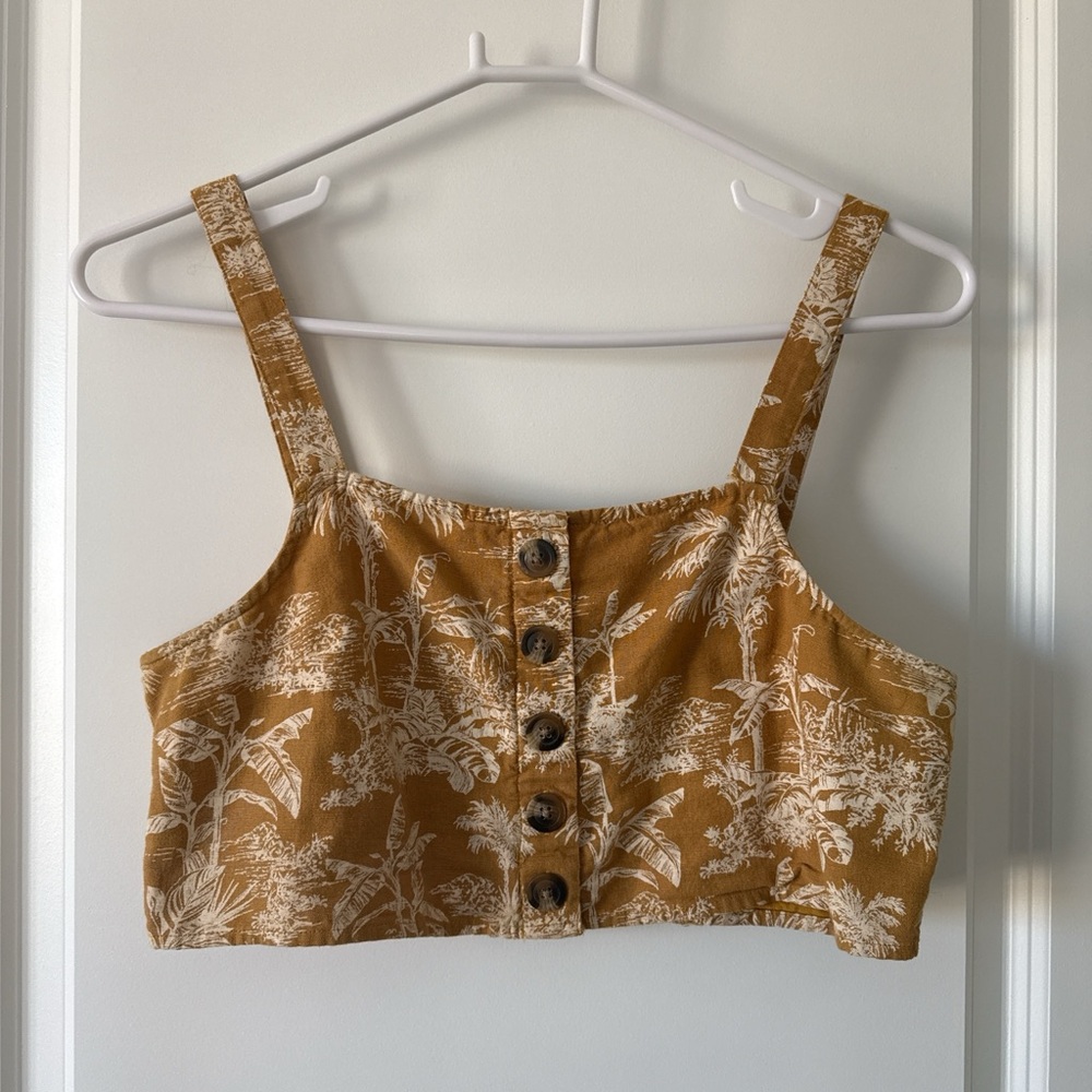 American Eagle Outfitters Mustard Botanical Button-Front Crop Top